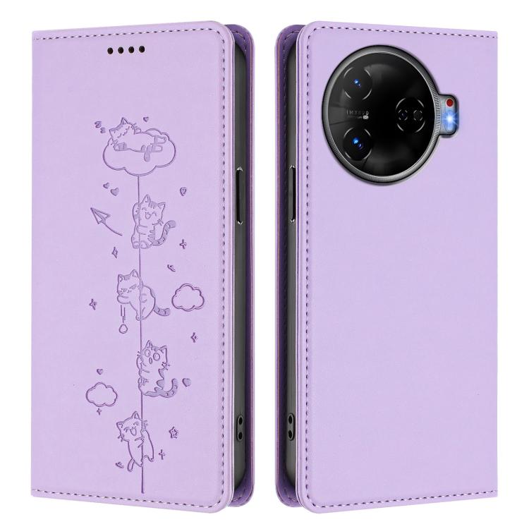For Tecno Camon 30 Pro 5G Cute Cats Embossed Magnetic RFID Vegan Leather Phone Case