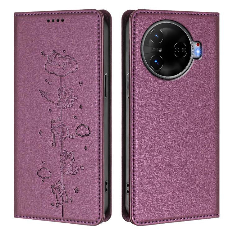 For Tecno Camon 30 Pro 5G Cute Cats Embossed Magnetic RFID Vegan Leather Phone Case