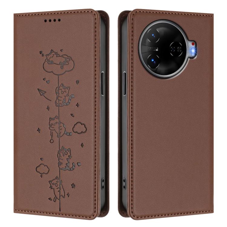 For Tecno Camon 30 Pro 5G Cute Cats Embossed Magnetic RFID Vegan Leather Phone Case