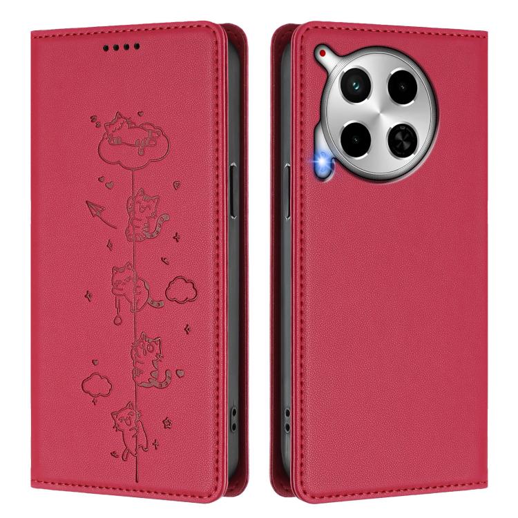 For Tecno Camon 30 5G / 4G Cute Cats Embossed Magnetic RFID Vegan Leather Phone Case