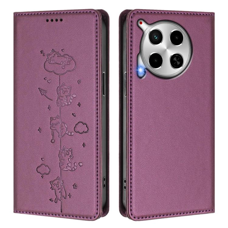 For Tecno Camon 30 5G / 4G Cute Cats Embossed Magnetic RFID Vegan Leather Phone Case