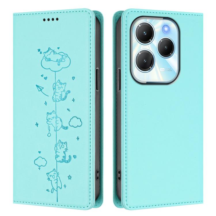 For Tecno Spark 20 Pro / Infinix Hot 40 4G Cute Cats Embossed Magnetic RFID Vegan Leather Phone Case