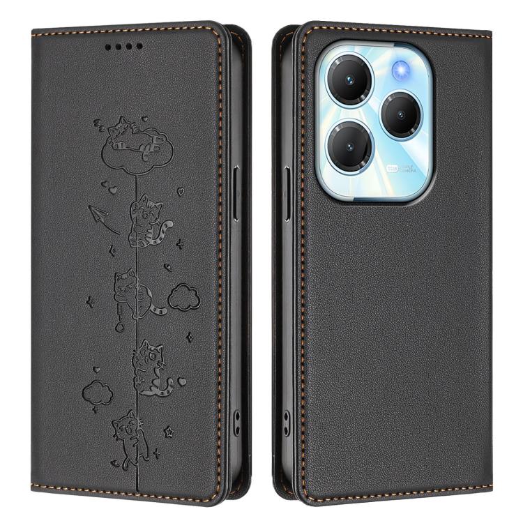 For Tecno Spark 20 Pro / Infinix Hot 40 4G Cute Cats Embossed Magnetic RFID Vegan Leather Phone Case