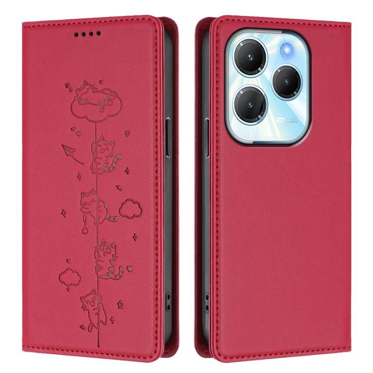 For Tecno Spark 20 Pro / Infinix Hot 40 4G Cute Cats Embossed Magnetic RFID Vegan Leather Phone Case