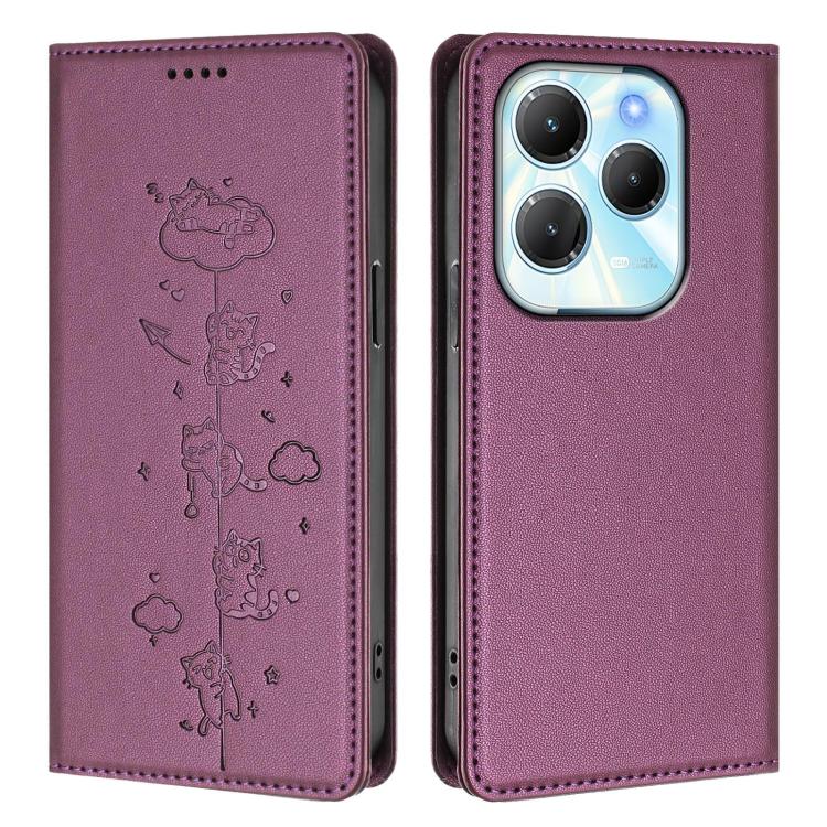For Tecno Spark 20 Pro / Infinix Hot 40 4G Cute Cats Embossed Magnetic RFID Vegan Leather Phone Case