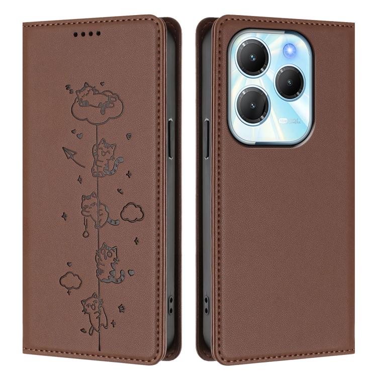 For Tecno Spark 20 Pro / Infinix Hot 40 4G Cute Cats Embossed Magnetic RFID Vegan Leather Phone Case