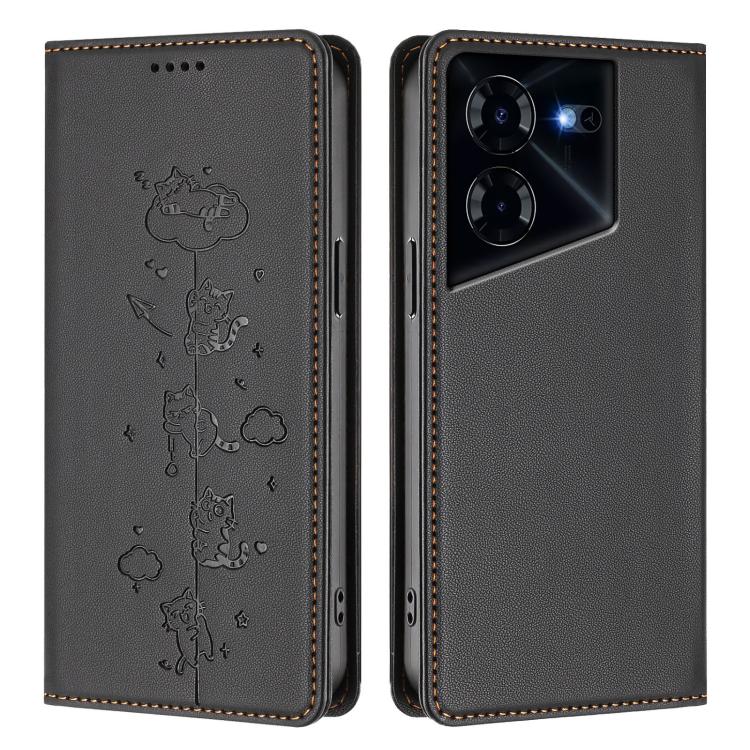For Tecno Pova 5 Pro 5G Cute Cats Embossed Magnetic RFID Vegan Leather Phone Case