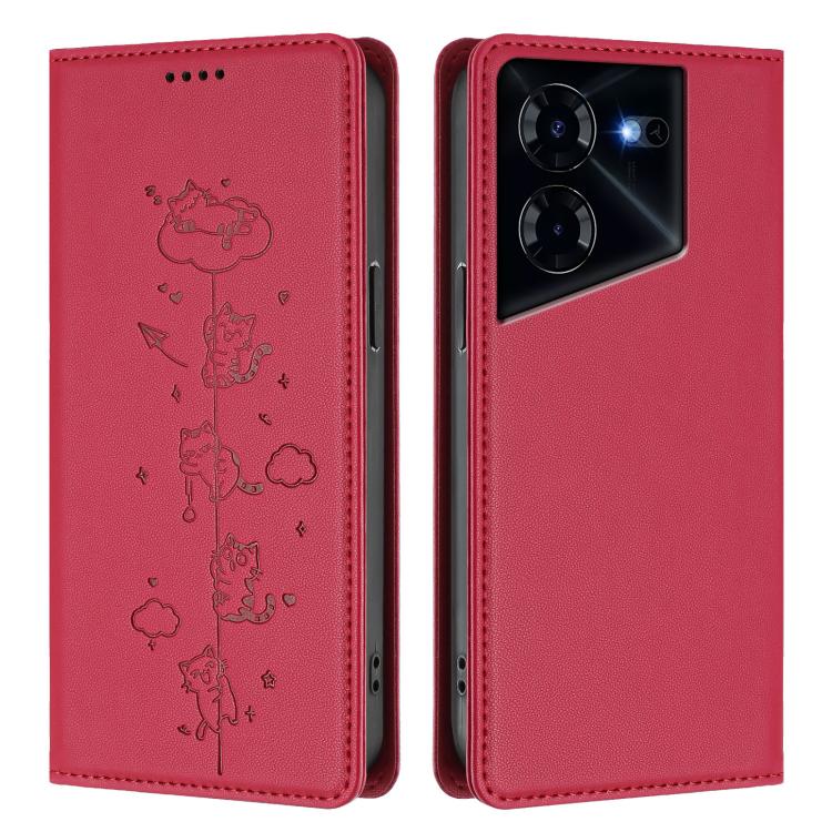 For Tecno Pova 5 Pro 5G Cute Cats Embossed Magnetic RFID Vegan Leather Phone Case