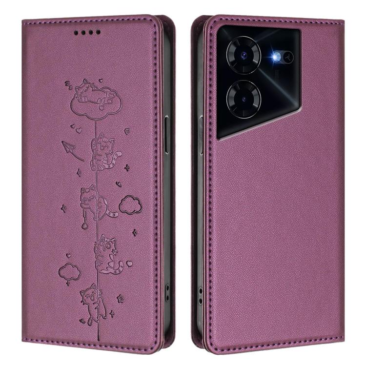 For Tecno Pova 5 Pro 5G Cute Cats Embossed Magnetic RFID Vegan Leather Phone Case