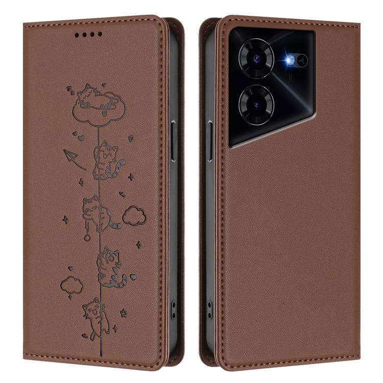 For Tecno Pova 5 Pro 5G Cute Cats Embossed Magnetic RFID Vegan Leather Phone Case