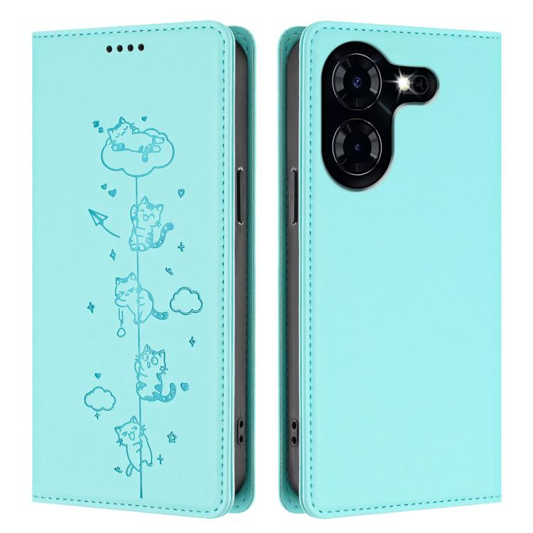 For Tecno Pova 5 Cute Cats Embossed Magnetic RFID Vegan Leather Phone Case