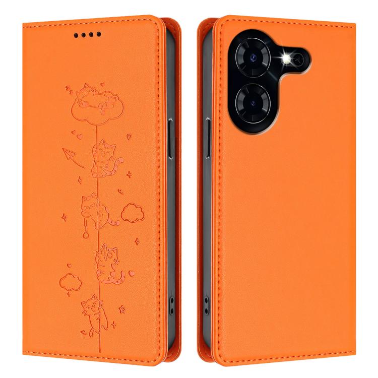 For Tecno Pova 5 Cute Cats Embossed Magnetic RFID Vegan Leather Phone Case