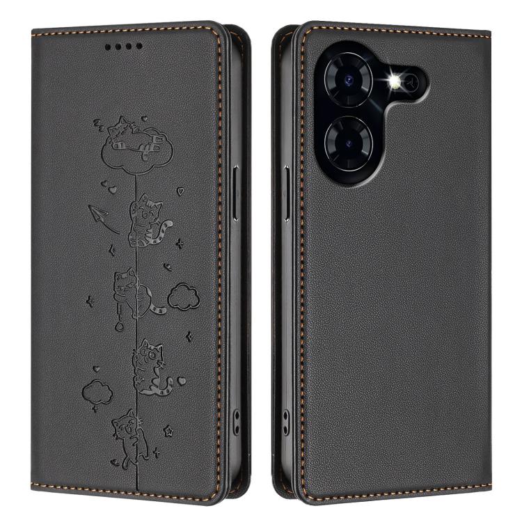 For Tecno Pova 5 Cute Cats Embossed Magnetic RFID Vegan Leather Phone Case
