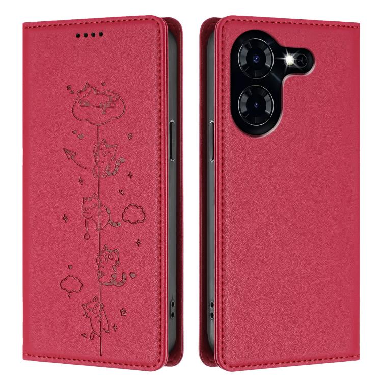 For Tecno Pova 5 Cute Cats Embossed Magnetic RFID Vegan Leather Phone Case