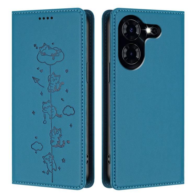 For Tecno Pova 5 Cute Cats Embossed Magnetic RFID Vegan Leather Phone Case