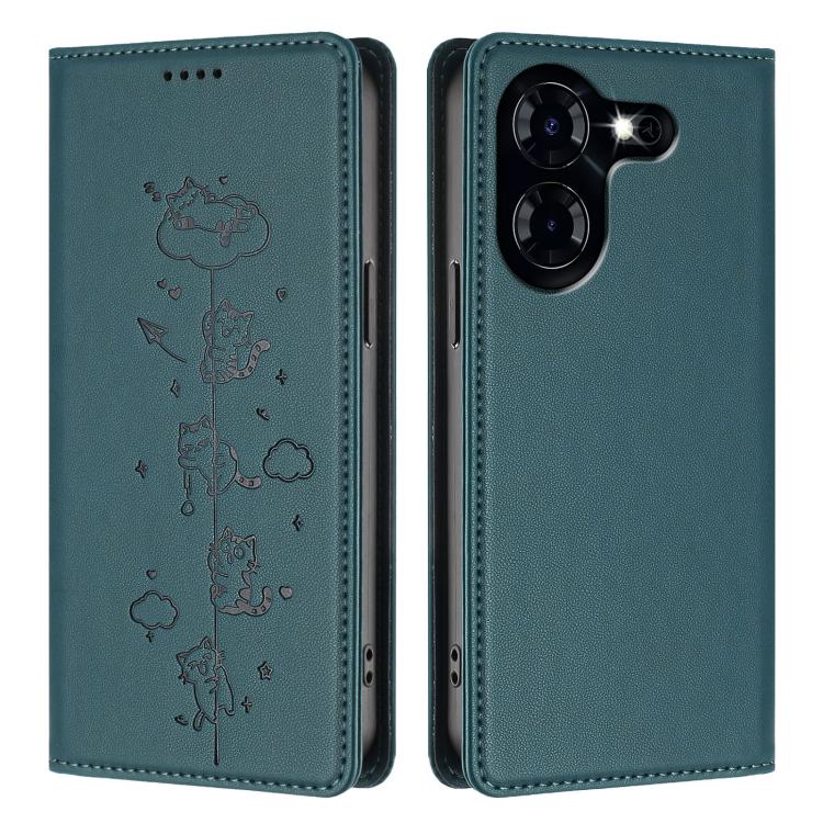 For Tecno Pova 5 Cute Cats Embossed Magnetic RFID Vegan Leather Phone Case
