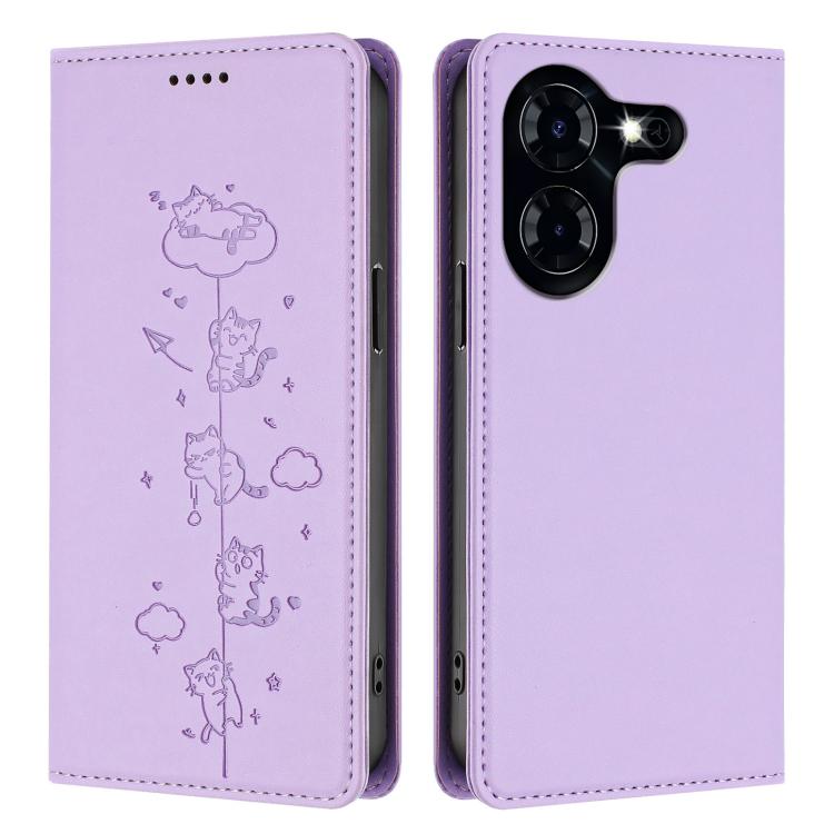 For Tecno Pova 5 Cute Cats Embossed Magnetic RFID Vegan Leather Phone Case