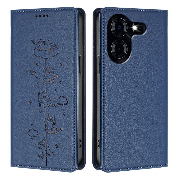 For Tecno Pova 5 Cute Cats Embossed Magnetic RFID Vegan Leather Phone Case