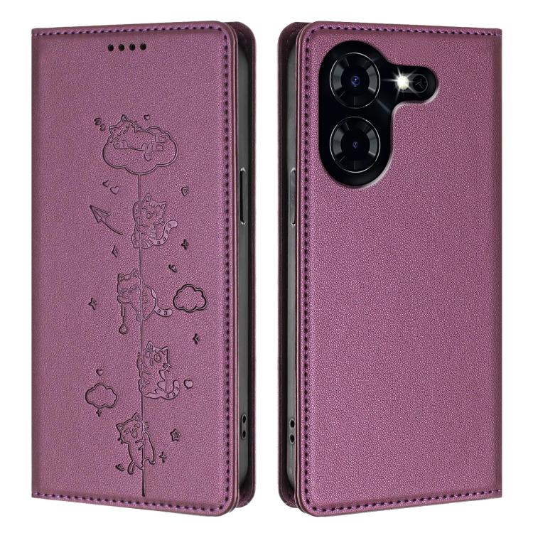 For Tecno Pova 5 Cute Cats Embossed Magnetic RFID Vegan Leather Phone Case