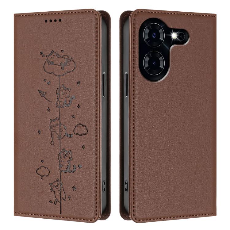 For Tecno Pova 5 Cute Cats Embossed Magnetic RFID Vegan Leather Phone Case