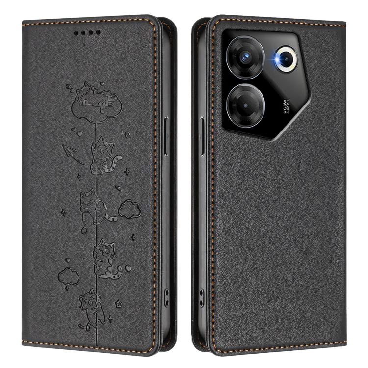 For Tecno Camon 20 Pro 5G Cute Cats Embossed Magnetic RFID Vegan Leather Phone Case