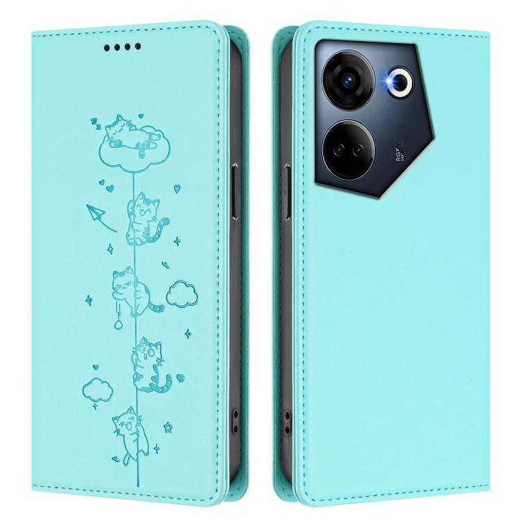 For Tecno Camon 20 / 20 Pro 4G Cute Cats Embossed Magnetic RFID Vegan Leather Phone Case