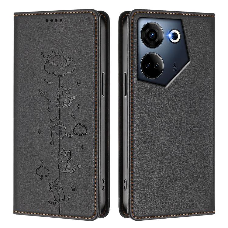 For Tecno Camon 20 / 20 Pro 4G Cute Cats Embossed Magnetic RFID Vegan Leather Phone Case