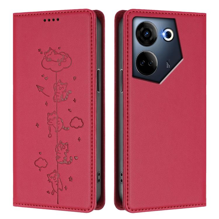 For Tecno Camon 20 / 20 Pro 4G Cute Cats Embossed Magnetic RFID Vegan Leather Phone Case