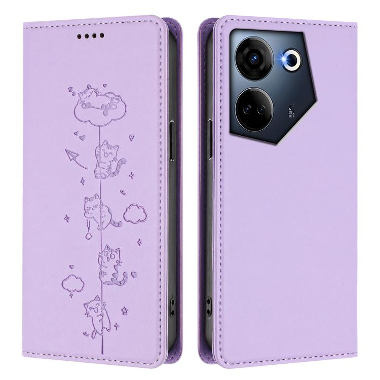 For Tecno Camon 20 / 20 Pro 4G Cute Cats Embossed Magnetic RFID Vegan Leather Phone Case