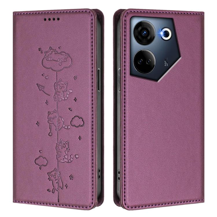 For Tecno Camon 20 / 20 Pro 4G Cute Cats Embossed Magnetic RFID Vegan Leather Phone Case