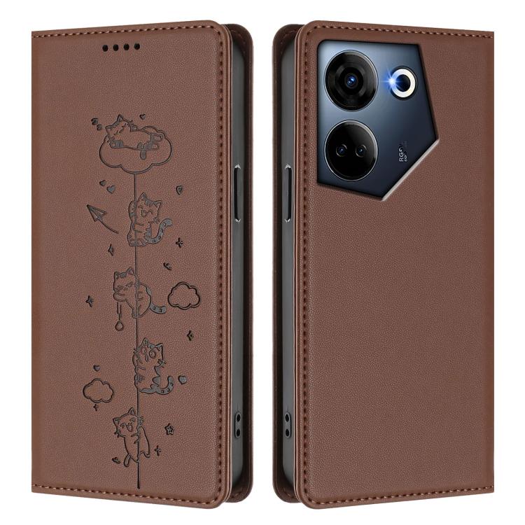 For Tecno Camon 20 / 20 Pro 4G Cute Cats Embossed Magnetic RFID Vegan Leather Phone Case