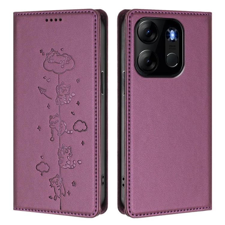 For Tecno Spark Go 2023 / Pop 7 Cute Cats Embossed Magnetic RFID Vegan Leather Phone Case