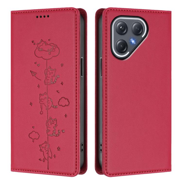 For Tecno Pova 7 Pro 5G Cute Cats Embossed Magnetic RFID Vegan Leather Phone Case