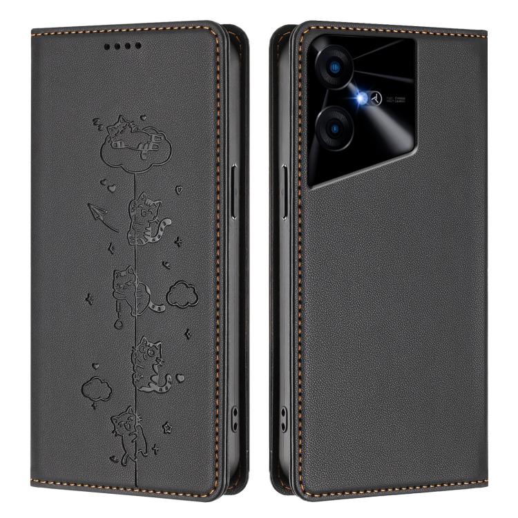 For Tecno Pova Neo 3 Cute Cats Embossed Magnetic RFID Vegan Leather Phone Case