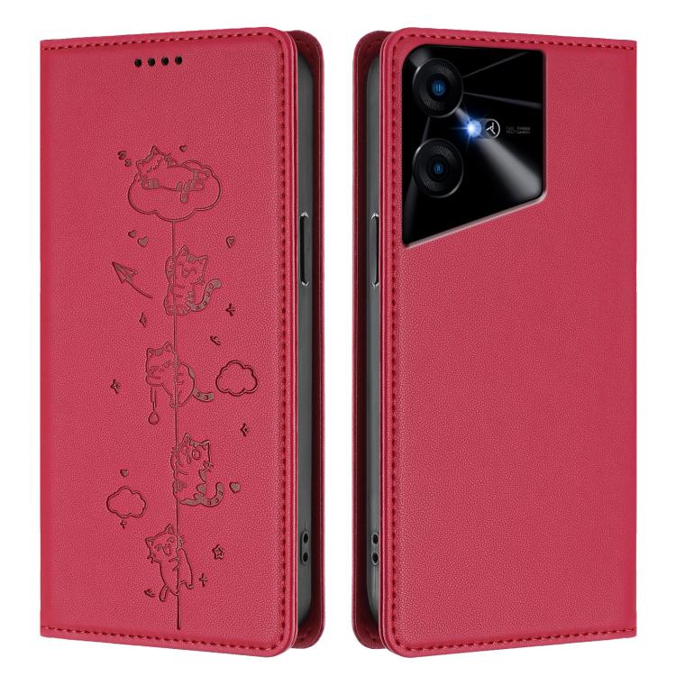 For Tecno Pova Neo 3 Cute Cats Embossed Magnetic RFID Vegan Leather Phone Case