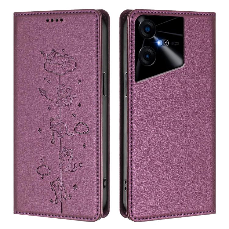 For Tecno Pova Neo 3 Cute Cats Embossed Magnetic RFID Vegan Leather Phone Case