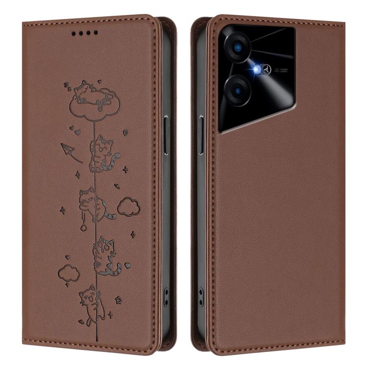 For Tecno Pova Neo 3 Cute Cats Embossed Magnetic RFID Vegan Leather Phone Case