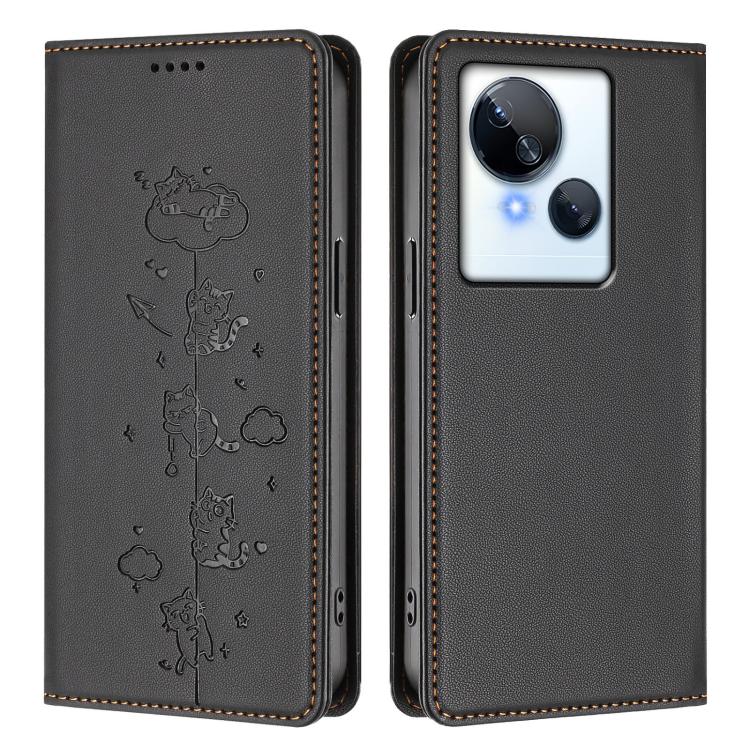 For Tecno Spark 10 5G Cute Cats Embossed Magnetic RFID Vegan Leather Phone Case