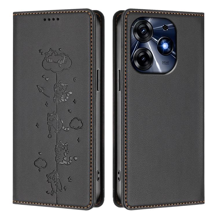 For Tecno Spark 10 Pro 4G Cute Cats Embossed Magnetic RFID Vegan Leather Phone Case