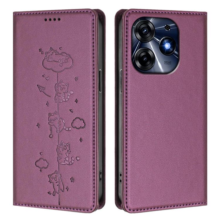 For Tecno Spark 10 Pro 4G Cute Cats Embossed Magnetic RFID Vegan Leather Phone Case