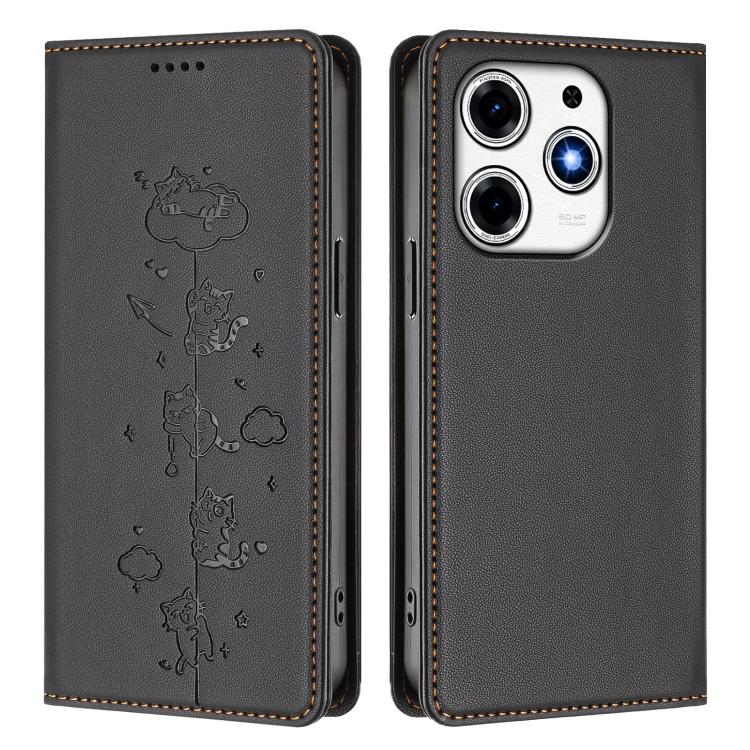 For Tecno Spark 10 Pro Magic Magenta Cute Cats Embossed Magnetic RFID Vegan Leather Phone Case
