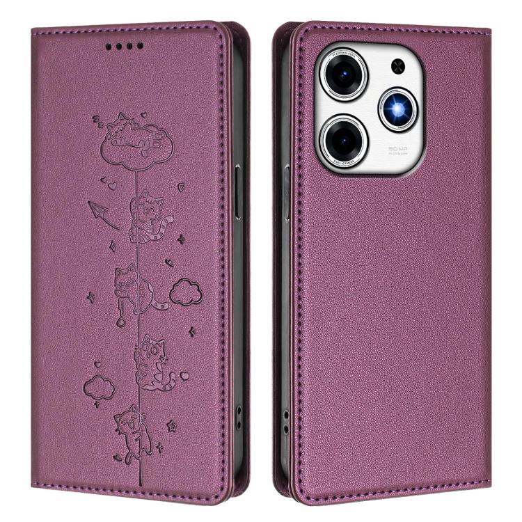 For Tecno Spark 10 Pro Magic Magenta Cute Cats Embossed Magnetic RFID Vegan Leather Phone Case