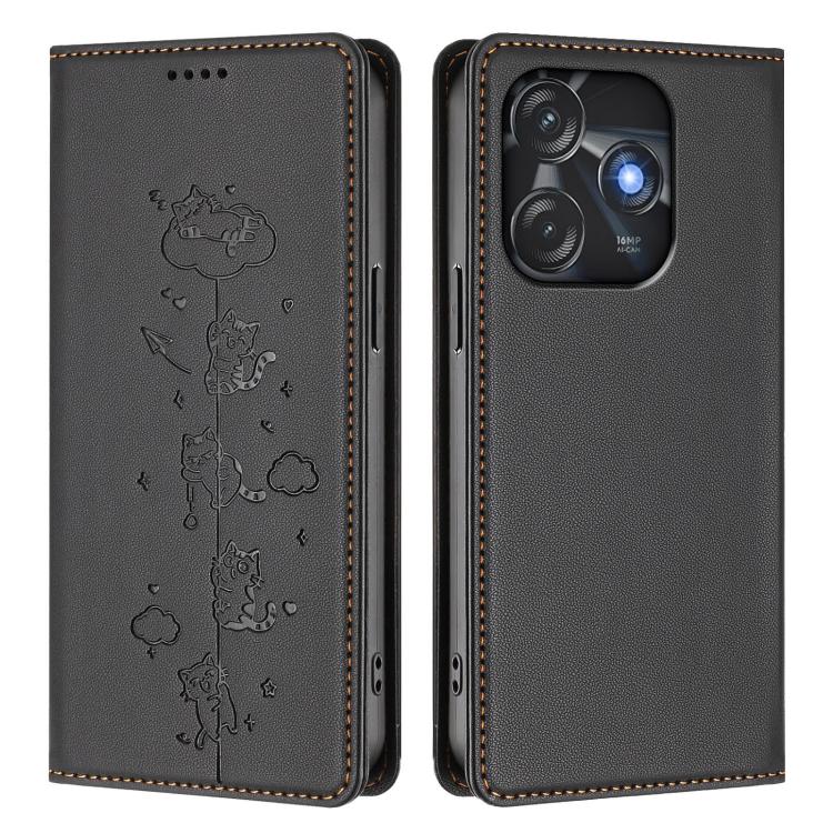For Tecno Spark 10C / 10 4G Cute Cats Embossed Magnetic RFID Vegan Leather Phone Case