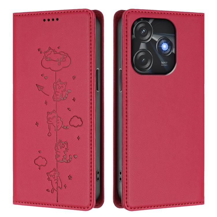 For Tecno Spark 10C / 10 4G Cute Cats Embossed Magnetic RFID Vegan Leather Phone Case