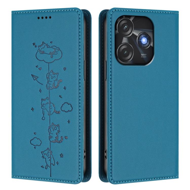 For Tecno Spark 10C / 10 4G Cute Cats Embossed Magnetic RFID Vegan Leather Phone Case