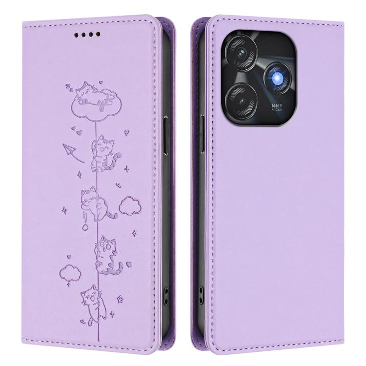 For Tecno Spark 10C / 10 4G Cute Cats Embossed Magnetic RFID Vegan Leather Phone Case