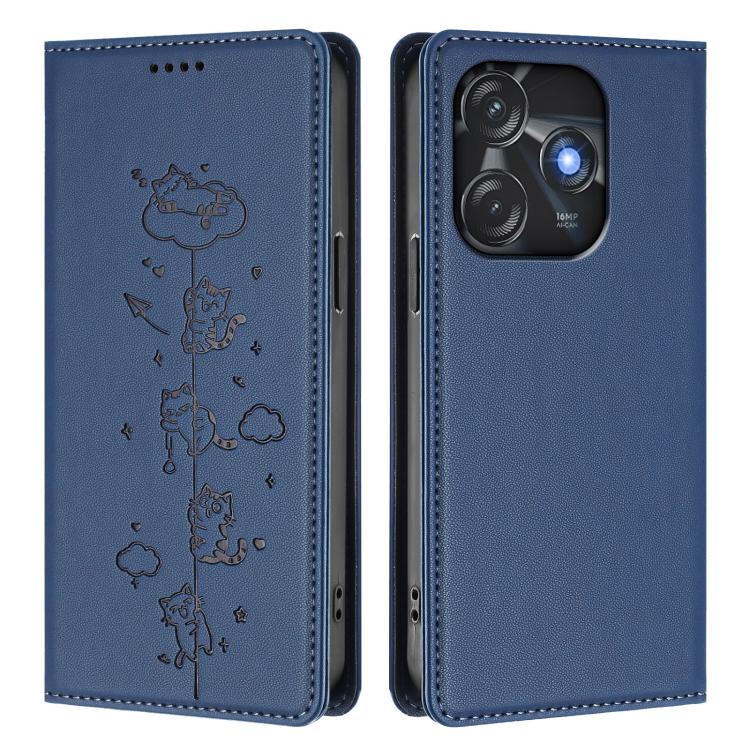 For Tecno Spark 10C / 10 4G Cute Cats Embossed Magnetic RFID Vegan Leather Phone Case