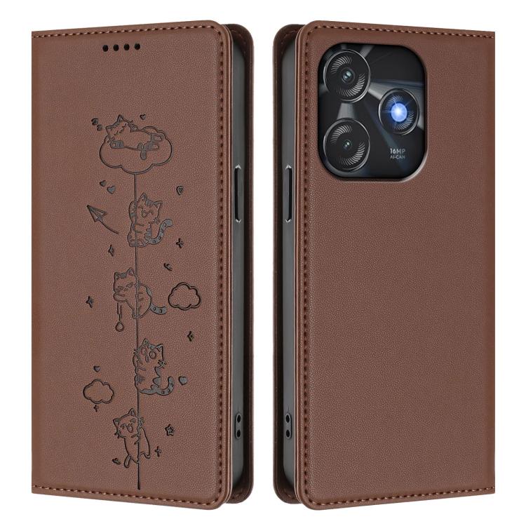 For Tecno Spark 10C / 10 4G Cute Cats Embossed Magnetic RFID Vegan Leather Phone Case