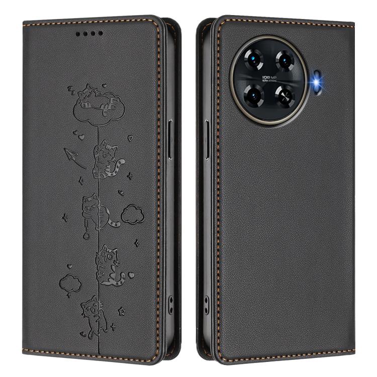 For Tecno Spark 20 Pro+ 4G Cute Cats Embossed Magnetic RFID Vegan Leather Phone Case