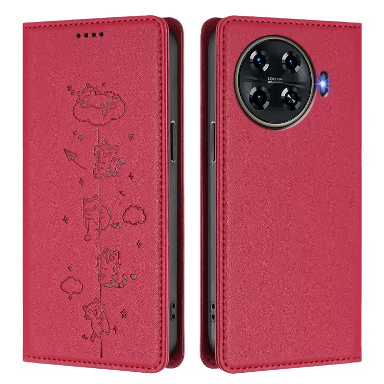 For Tecno Spark 20 Pro+ 4G Cute Cats Embossed Magnetic RFID Vegan Leather Phone Case